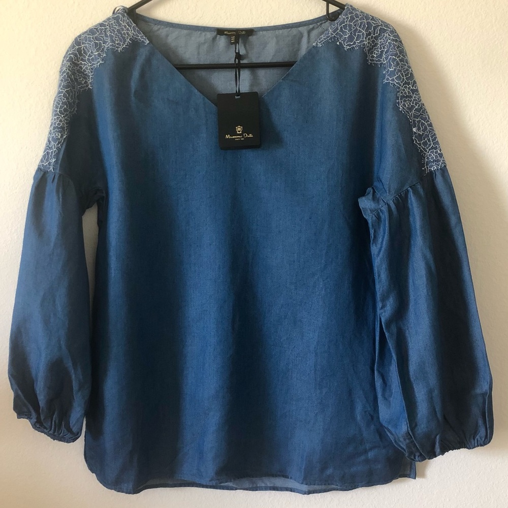 MASSIMO DUTTI Denim Blouse with Lace Finish - Picture 4 of 7